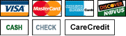 We accept Visa, Mastercard, Discover, American Express, Cash, Checks, and Care Credit.